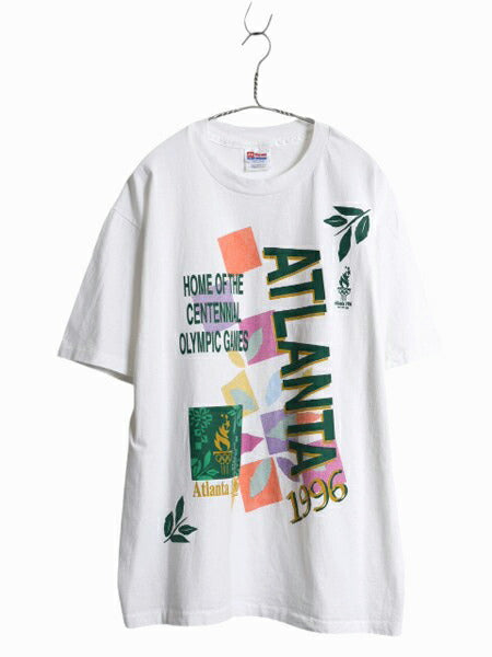 90s オリンピック イラスト プリント Tシャツ メンズ L 古着 オールド アトランタ グラフィック シングルステッチ ヘビーウェイト ホワイト
