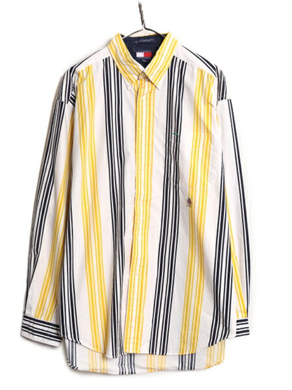 90s トミーヒルフィガー ストライプ 長袖 ボタンダウン シャツ メンズ XL / 90年代 オールド TOMMY HILFIGER 長袖シャツ ポケット付き BD