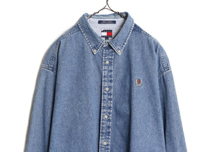 90s トミーヒルフィガー デニム 長袖 ボタンダウン シャツ メンズ XL / 90年代 オールド TOMMY HILFIGER 長袖シャツ コットン ワンポイント