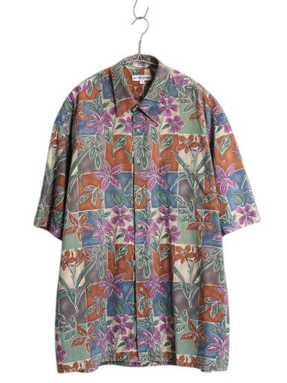 90s ピエールカルダン 半袖 アロハ シャツ メンズ XL 古着 オールド コットン 半袖シャツ ハワイアン ゆったり マルチカラー 総柄 ボックス