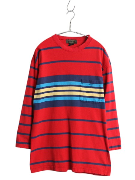 80s USA製 エディーバウアー ボーダー ポケット付き Tシャツ メンズ S / ヴィンテージ ロンT カスタム 7分袖 長袖Tシャツ ヘビーウェイト