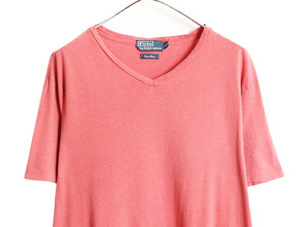 00s ポロ ラルフローレン Vネック 半袖 Tシャツ メンズ XL 古着 00年代 オールド リネン コットン ワンポイント レッド 大きいサイズ 無地