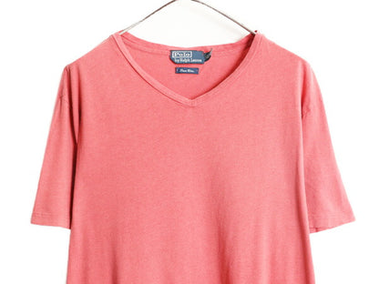 00s ポロ ラルフローレン Vネック 半袖 Tシャツ メンズ XL 古着 00年代 オールド リネン コットン ワンポイント レッド 大きいサイズ 無地
