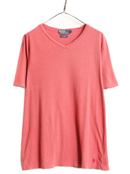 00s ポロ ラルフローレン Vネック 半袖 Tシャツ メンズ XL 古着 00年代 オールド リネン コットン ワンポイント レッド 大きいサイズ 無地