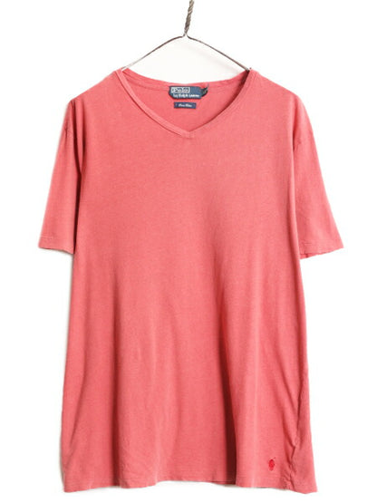 00s ポロ ラルフローレン Vネック 半袖 Tシャツ メンズ XL 古着 00年代 オールド リネン コットン ワンポイント レッド 大きいサイズ 無地