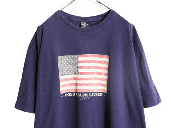 90s ポロ ラルフローレン 星条旗 プリント 半袖 Tシャツ メンズ XXL 古着 90年代 オールド コットン ヘビーウェイト 大きいサイズ ネイビー