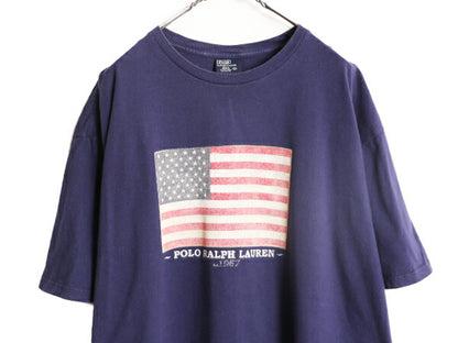 90s ポロ ラルフローレン 星条旗 プリント 半袖 Tシャツ メンズ XXL 古着 90年代 オールド コットン ヘビーウェイト 大きいサイズ ネイビー