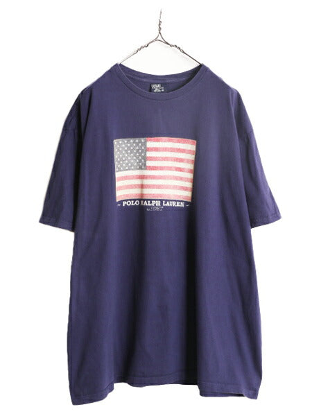 90s ポロ ラルフローレン 星条旗 プリント 半袖 Tシャツ メンズ XXL 古着 90年代 オールド コットン ヘビーウェイト 大きいサイズ ネイビー