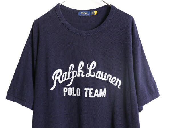 ポロ ラルフローレン 鹿の子 半袖 Tシャツ メンズ XXL / コットン チェーンステッチ ロゴ刺繍 カノコ 大きいサイズ クルーネック ネイビー