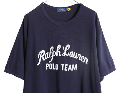 ポロ ラルフローレン 鹿の子 半袖 Tシャツ メンズ XXL / コットン チェーンステッチ ロゴ刺繍 カノコ 大きいサイズ クルーネック ネイビー