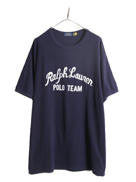 ポロ ラルフローレン 鹿の子 半袖 Tシャツ メンズ XXL / コットン チェーンステッチ ロゴ刺繍 カノコ 大きいサイズ クルーネック ネイビー