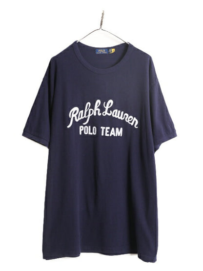 ポロ ラルフローレン 鹿の子 半袖 Tシャツ メンズ XXL / コットン チェーンステッチ ロゴ刺繍 カノコ 大きいサイズ クルーネック ネイビー