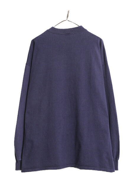 90s USA製 ラッセル モックネック プリント 長袖 Tシャツ メンズ XL 古着 90年代 オールド RUSSELL ロンT 大きいサイズ 紺 ヘビーウェイト