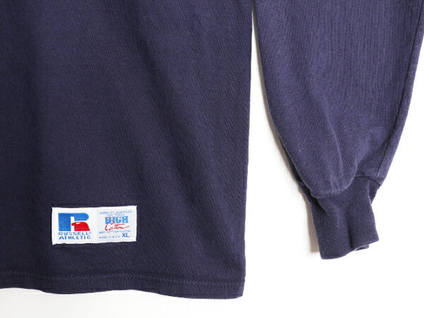 90s USA製 ラッセル モックネック プリント 長袖 Tシャツ メンズ XL 古着 90年代 オールド RUSSELL ロンT 大きいサイズ 紺 ヘビーウェイト