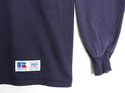 90s USA製 ラッセル モックネック プリント 長袖 Tシャツ メンズ XL 古着 90年代 オールド RUSSELL ロンT 大きいサイズ 紺 ヘビーウェイト