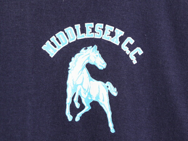 90s USA製 ラッセル モックネック プリント 長袖 Tシャツ メンズ XL 古着 90年代 オールド RUSSELL ロンT 大きいサイズ 紺 ヘビーウェイト
