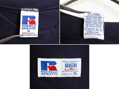 90s USA製 ラッセル モックネック プリント 長袖 Tシャツ メンズ XL 古着 90年代 オールド RUSSELL ロンT 大きいサイズ 紺 ヘビーウェイト