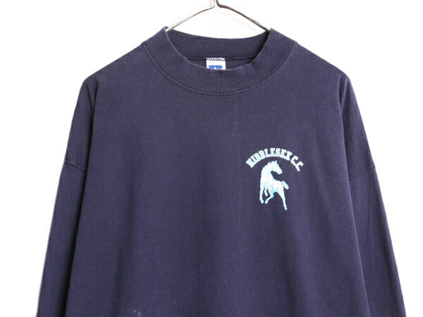 90s USA製 ラッセル モックネック プリント 長袖 Tシャツ メンズ XL 古着 90年代 オールド RUSSELL ロンT 大きいサイズ 紺 ヘビーウェイト