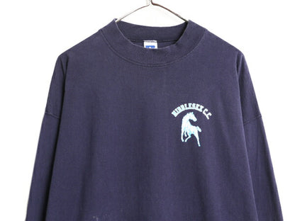 90s USA製 ラッセル モックネック プリント 長袖 Tシャツ メンズ XL 古着 90年代 オールド RUSSELL ロンT 大きいサイズ 紺 ヘビーウェイト