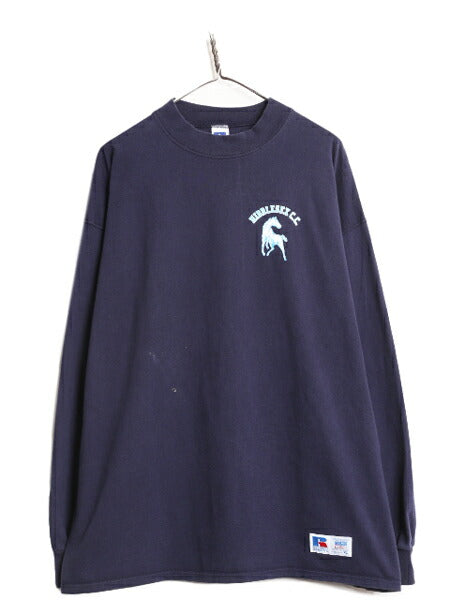 90s USA製 ラッセル モックネック プリント 長袖 Tシャツ メンズ XL 古着 90年代 オールド RUSSELL ロンT 大きいサイズ 紺 ヘビーウェイト