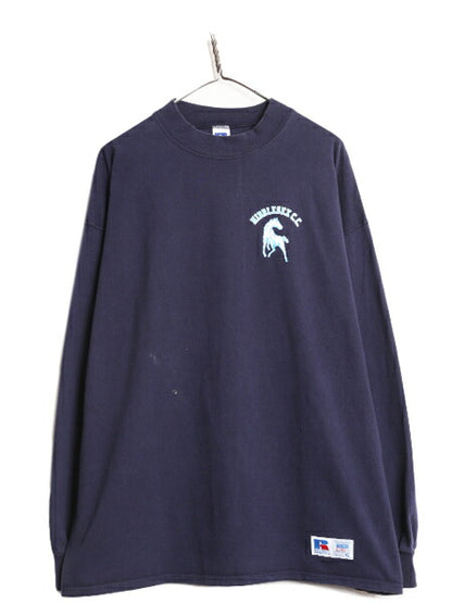 90s USA製 ラッセル モックネック プリント 長袖 Tシャツ メンズ XL 古着 90年代 オールド RUSSELL ロンT 大きいサイズ 紺 ヘビーウェイト