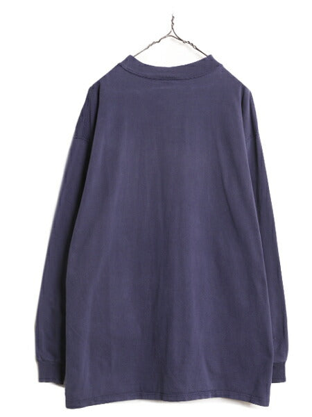 90s USA製 ラッセル モックネック プリント 長袖 Tシャツ メンズ XL 古着 90年代 オールド RUSSELL ロンT 大きいサイズ ヘビーウェイト 紺
