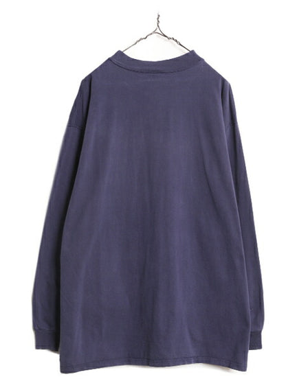 90s USA製 ラッセル モックネック プリント 長袖 Tシャツ メンズ XL 古着 90年代 オールド RUSSELL ロンT 大きいサイズ ヘビーウェイト 紺