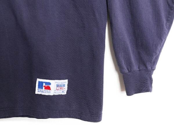 90s USA製 ラッセル モックネック プリント 長袖 Tシャツ メンズ XL 古着 90年代 オールド RUSSELL ロンT 大きいサイズ ヘビーウェイト 紺