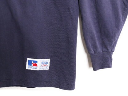 90s USA製 ラッセル モックネック プリント 長袖 Tシャツ メンズ XL 古着 90年代 オールド RUSSELL ロンT 大きいサイズ ヘビーウェイト 紺