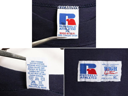 90s USA製 ラッセル モックネック プリント 長袖 Tシャツ メンズ XL 古着 90年代 オールド RUSSELL ロンT 大きいサイズ ヘビーウェイト 紺