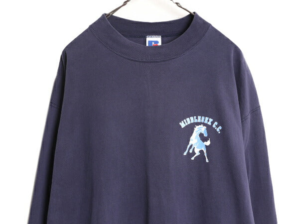 90s USA製 ラッセル モックネック プリント 長袖 Tシャツ メンズ XL 古着 90年代 オールド RUSSELL ロンT 大きいサイズ ヘビーウェイト 紺