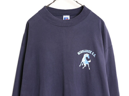 90s USA製 ラッセル モックネック プリント 長袖 Tシャツ メンズ XL 古着 90年代 オールド RUSSELL ロンT 大きいサイズ ヘビーウェイト 紺