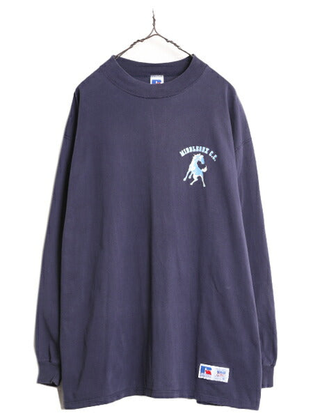 90s USA製 ラッセル モックネック プリント 長袖 Tシャツ メンズ XL 古着 90年代 オールド RUSSELL ロンT 大きいサイズ ヘビーウェイト 紺