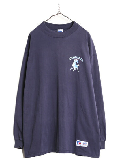 90s USA製 ラッセル モックネック プリント 長袖 Tシャツ メンズ XL 古着 90年代 オールド RUSSELL ロンT 大きいサイズ ヘビーウェイト 紺