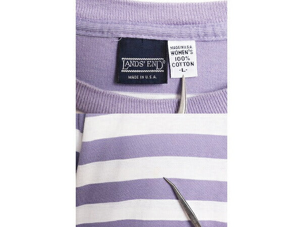 90s USA製 ランズエンド ポケット付き ボーダー 長袖 Tシャツ レディース L メンズ M 程/ 古着 LANDS END オールド シングルステッチ ロンT