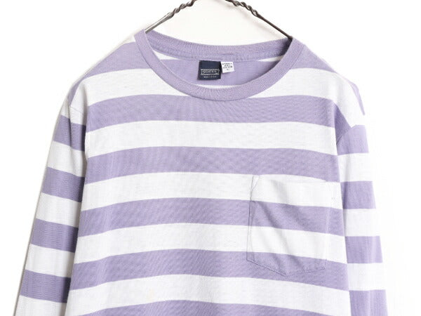 90s USA製 ランズエンド ポケット付き ボーダー 長袖 Tシャツ レディース L メンズ M 程/ 古着 LANDS END オールド シングルステッチ ロンT