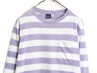 90s USA製 ランズエンド ポケット付き ボーダー 長袖 Tシャツ レディース L メンズ M 程/ 古着 LANDS END オールド シングルステッチ ロンT