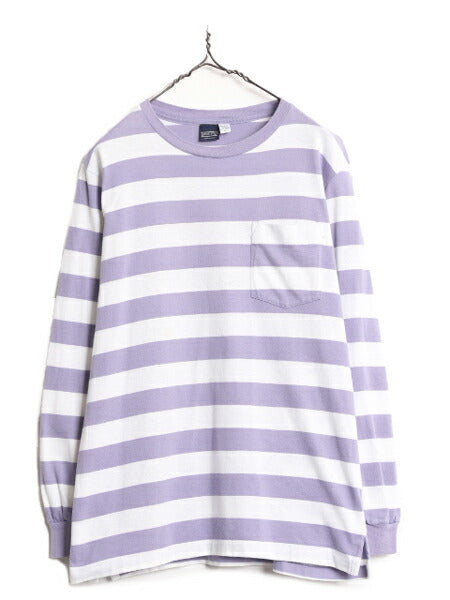90s USA製 ランズエンド ポケット付き ボーダー 長袖 Tシャツ レディース L メンズ M 程/ 古着 LANDS END オールド シングルステッチ ロンT