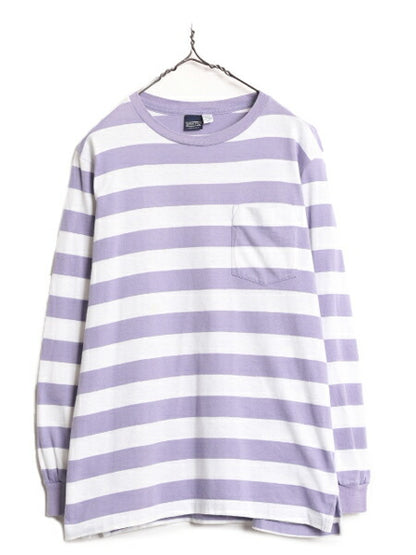 90s USA製 ランズエンド ポケット付き ボーダー 長袖 Tシャツ レディース L メンズ M 程/ 古着 LANDS END オールド シングルステッチ ロンT