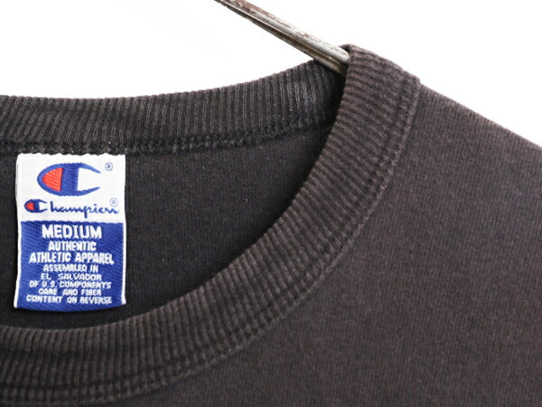 90s チャンピオン ワンポイント 半袖 Tシャツ メンズ M / 古着 90年代 オールド Champion 100% コットン スクリプト ロゴ 目付き ブラック