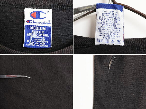 90s チャンピオン ワンポイント 半袖 Tシャツ メンズ M / 古着 90年代 オールド Champion 100% コットン スクリプト ロゴ 目付き ブラック