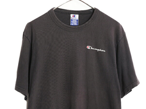 90s チャンピオン ワンポイント 半袖 Tシャツ メンズ M / 古着 90年代 オールド Champion 100% コットン スクリプト ロゴ 目付き ブラック