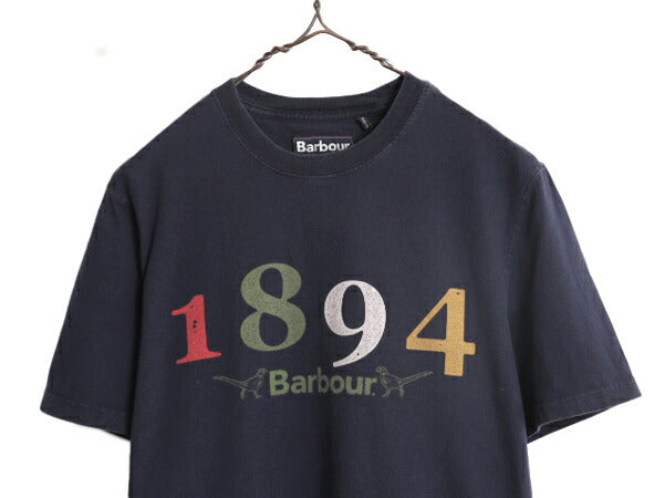 バブアー プリント 半袖 Tシャツ メンズ M / 古着 Babour ロゴTシャツ プリントTシャツ カットソー ヘビーウェイト ネイビー グラフィック