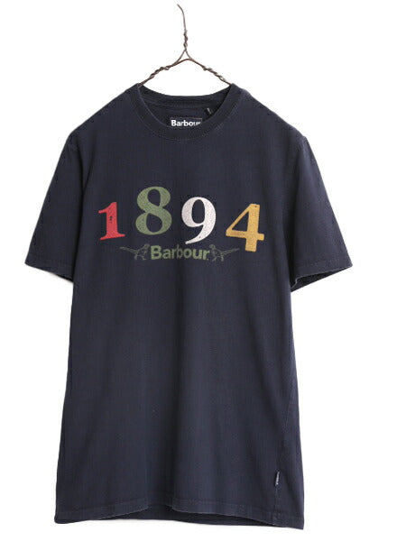 バブアー プリント 半袖 Tシャツ メンズ M / 古着 Babour ロゴTシャツ プリントTシャツ カットソー ヘビーウェイト ネイビー グラフィック