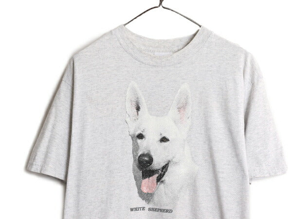 00s ドッグ イラスト プリント 半袖 Tシャツ メンズ L 古着 00年代 オールド アート イヌ アニマル ホワイトシェパード ヘビーウェイト 灰