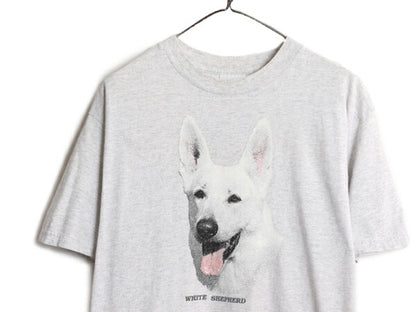 00s ドッグ イラスト プリント 半袖 Tシャツ メンズ L 古着 00年代 オールド アート イヌ アニマル ホワイトシェパード ヘビーウェイト 灰