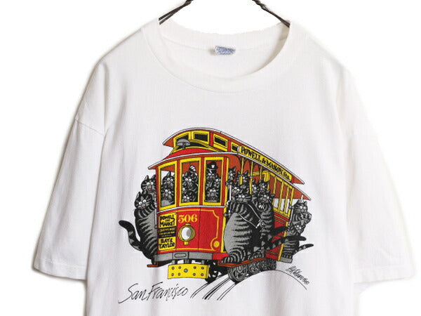 90s USA製 クリバンキャット イラスト 両面 プリント Tシャツ メンズ L / オールドシングルステッチ ネコ キャラクター ヘビーウェイト 白