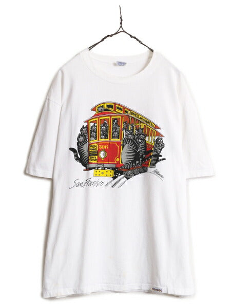 90s USA製 クリバンキャット イラスト 両面 プリント Tシャツ メンズ L / オールドシングルステッチ ネコ キャラクター ヘビーウェイト 白