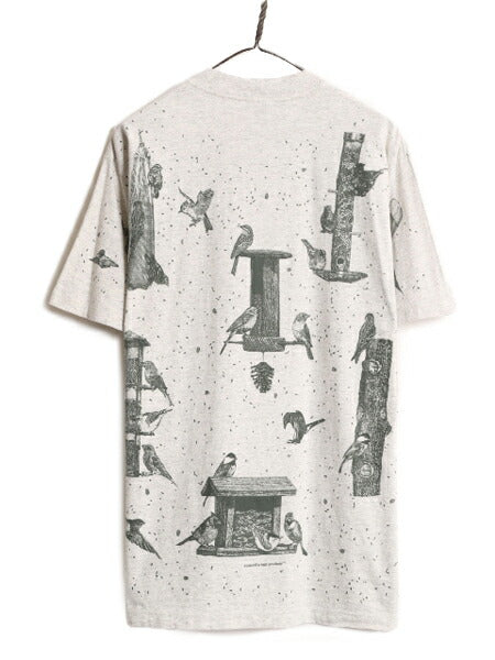 90s USA製 rel e vant products 鳥 イラスト プリント Tシャツ メンズ レディース L 古着 オールド アニマル アート シングルステッチ 総柄