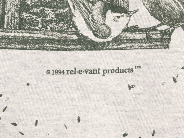 90s USA製 rel e vant products 鳥 イラスト プリント Tシャツ メンズ レディース L 古着 オールド アニマル アート シングルステッチ 総柄